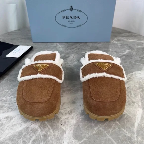 Prada Tan Suede Slippers with White Trim - Picture 2 of 8